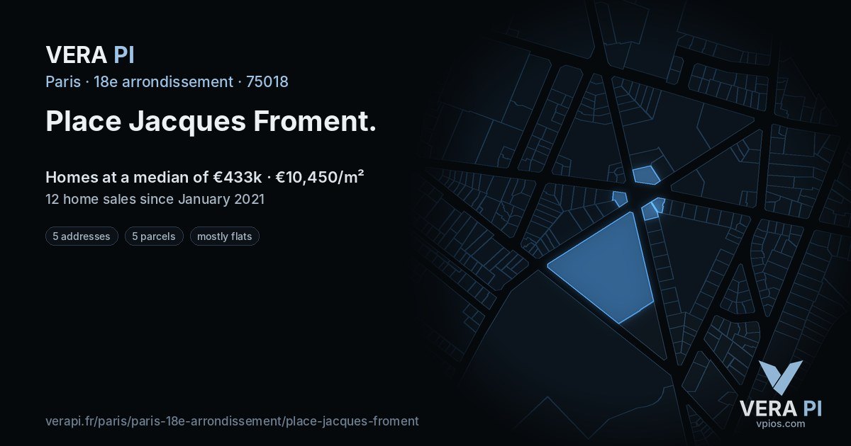 Place Jacques Froment, 18e arrondissement at night – every parcel coloured by the prices around it, the street's own parcels lit