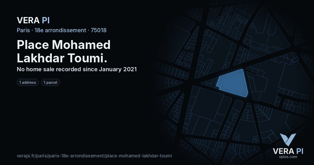 Place Mohamed Lakhdar Toumi, 18e arrondissement at night – every parcel coloured by the prices around it, the street's own parcels lit