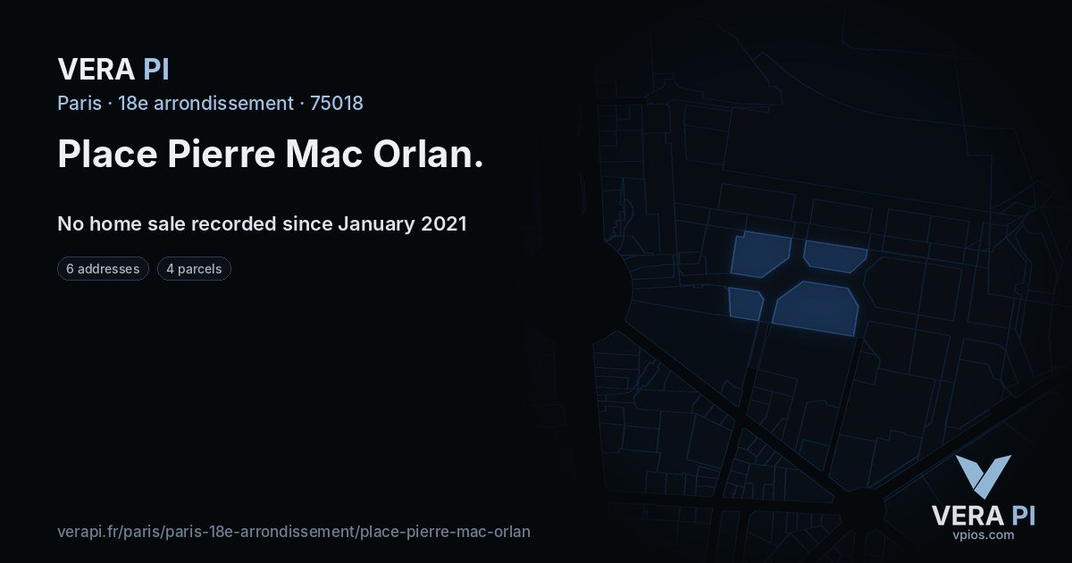 Place Pierre Mac Orlan, 18e arrondissement at night – every parcel coloured by the prices around it, the street's own parcels lit