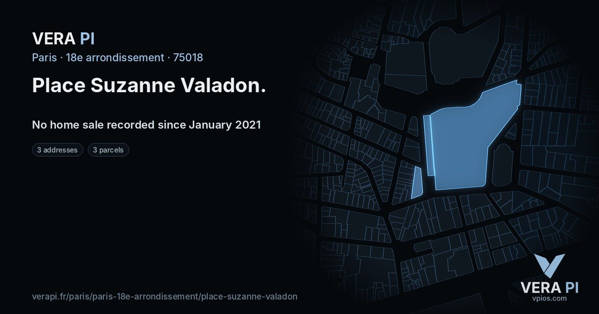Place Suzanne Valadon, 18e arrondissement at night – every parcel coloured by the prices around it, the street's own parcels lit