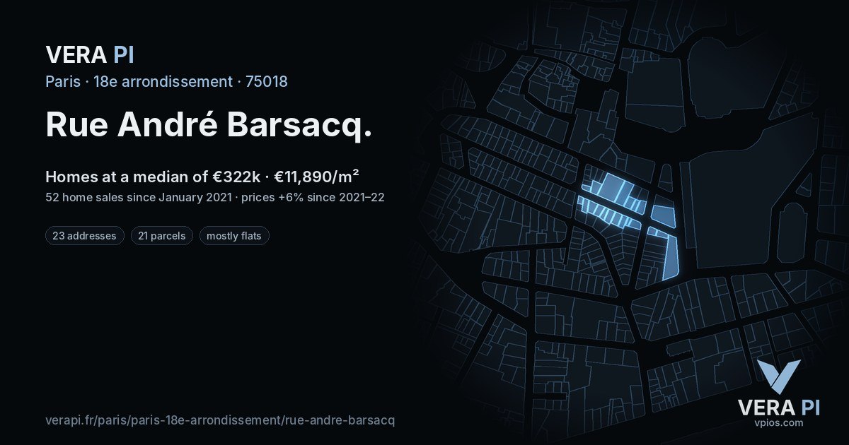 Rue André Barsacq, 18e arrondissement at night – every parcel coloured by the prices around it, the street's own parcels lit