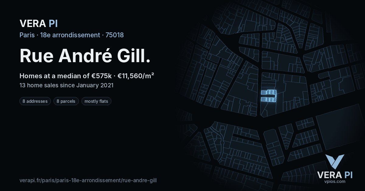 Rue André Gill, 18e arrondissement at night – every parcel coloured by the prices around it, the street's own parcels lit