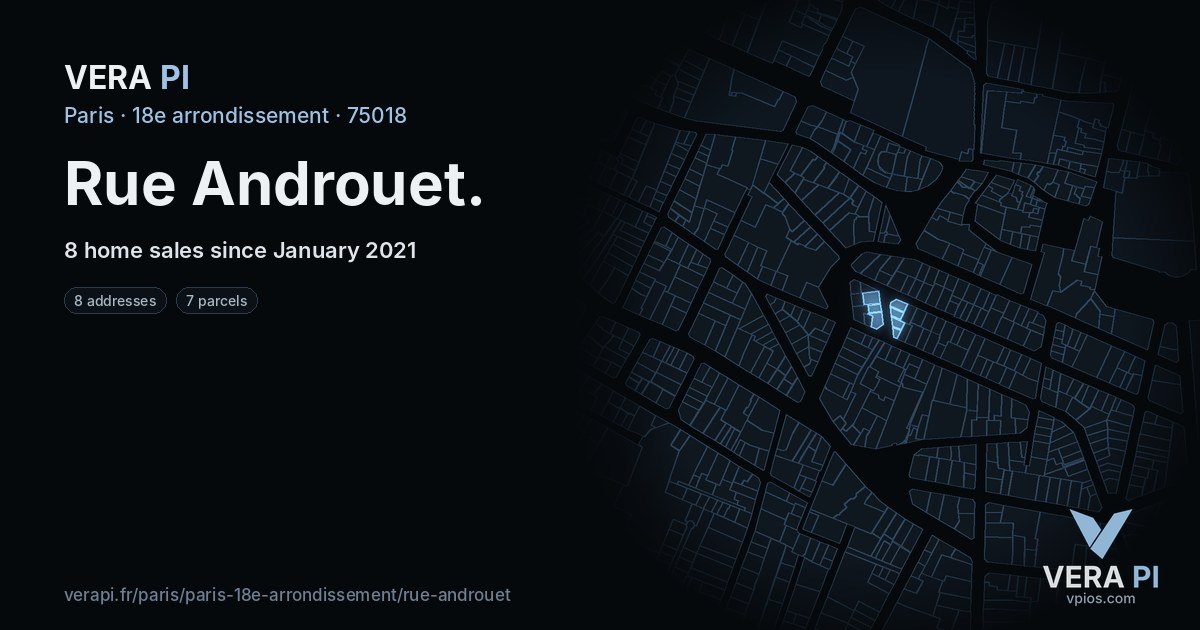 Rue Androuet, 18e arrondissement at night – every parcel coloured by the prices around it, the street's own parcels lit