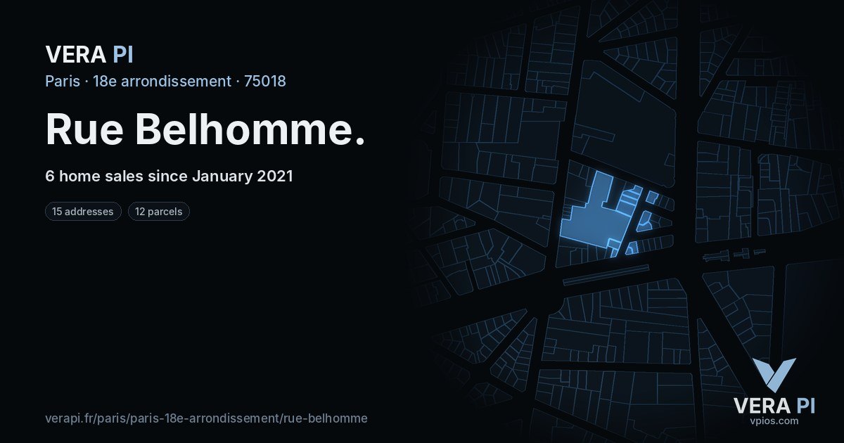 Rue Belhomme, 18e arrondissement at night – every parcel coloured by the prices around it, the street's own parcels lit