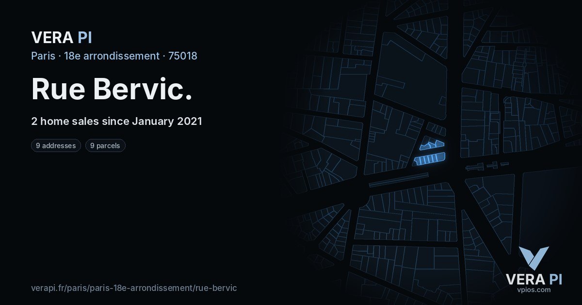 Rue Bervic, 18e arrondissement at night – every parcel coloured by the prices around it, the street's own parcels lit