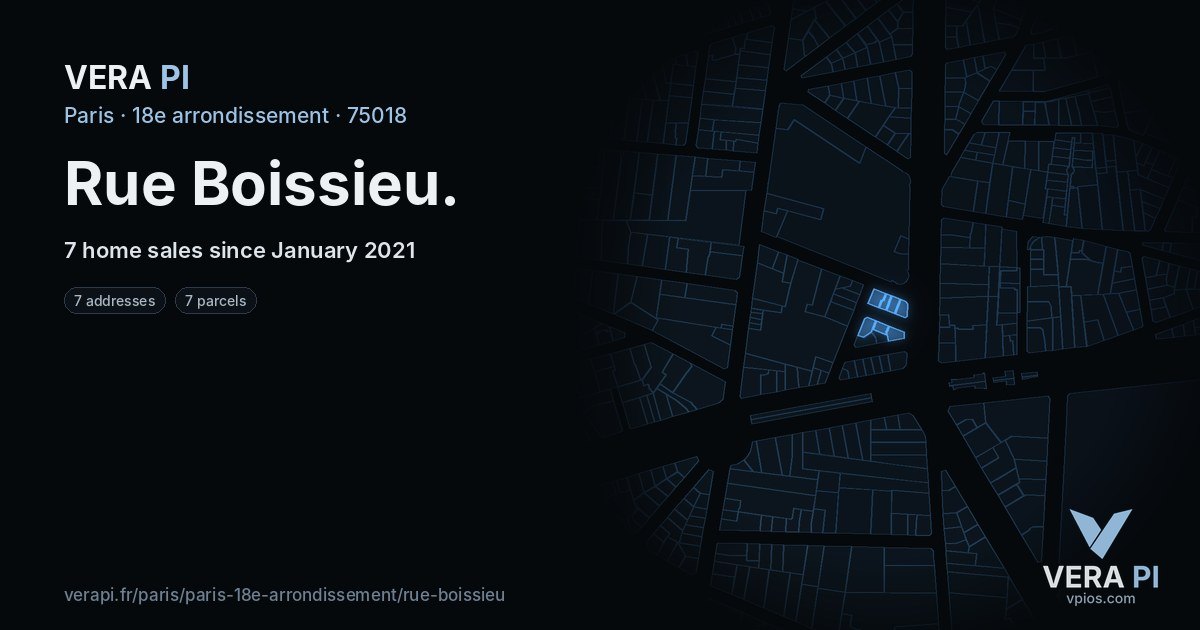 Rue Boissieu, 18e arrondissement at night – every parcel coloured by the prices around it, the street's own parcels lit
