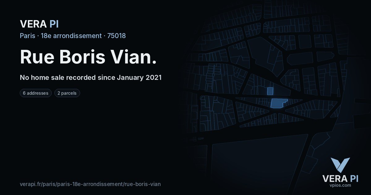 Rue Boris Vian, 18e arrondissement at night – every parcel coloured by the prices around it, the street's own parcels lit
