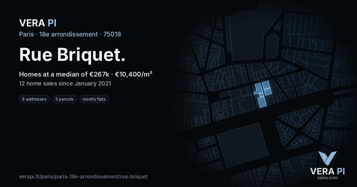 Rue Briquet, 18e arrondissement at night – every parcel coloured by the prices around it, the street's own parcels lit