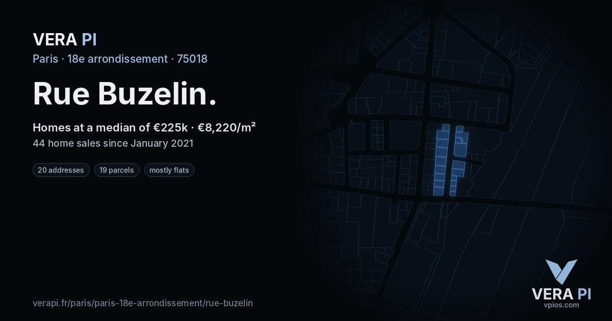 Rue Buzelin, 18e arrondissement at night – every parcel coloured by the prices around it, the street's own parcels lit