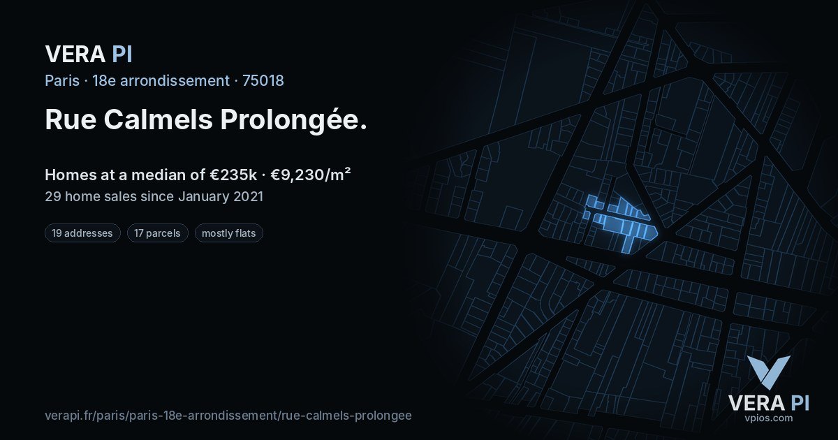 Rue Calmels Prolongée, 18e arrondissement at night – every parcel coloured by the prices around it, the street's own parcels lit