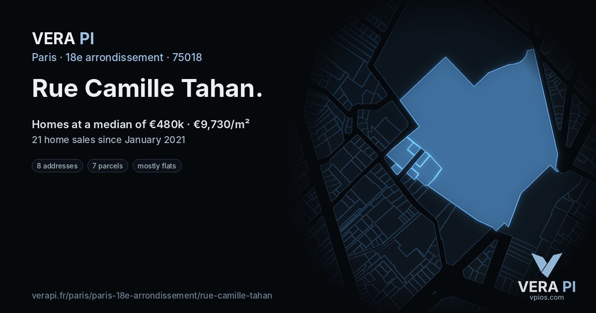 Rue Camille Tahan, 18e arrondissement at night – every parcel coloured by the prices around it, the street's own parcels lit