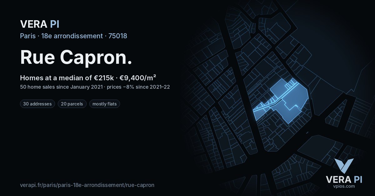 Rue Capron, 18e arrondissement at night – every parcel coloured by the prices around it, the street's own parcels lit