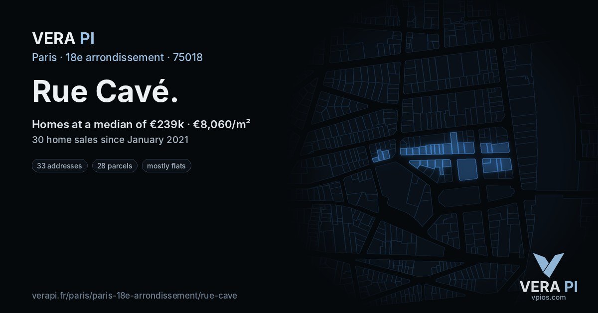 Rue Cavé, 18e arrondissement at night – every parcel coloured by the prices around it, the street's own parcels lit