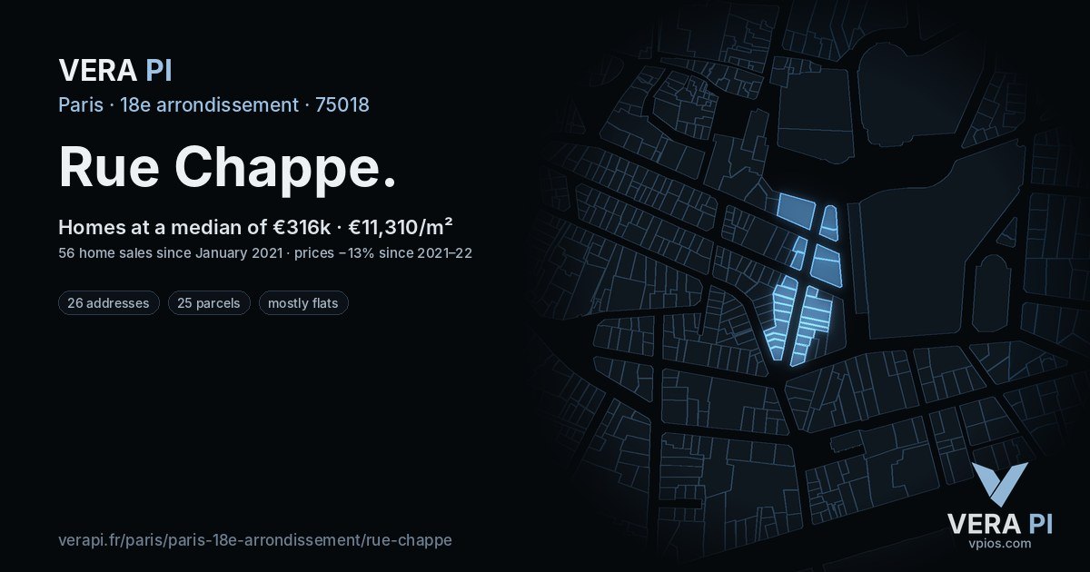 Rue Chappe, 18e arrondissement at night – every parcel coloured by the prices around it, the street's own parcels lit