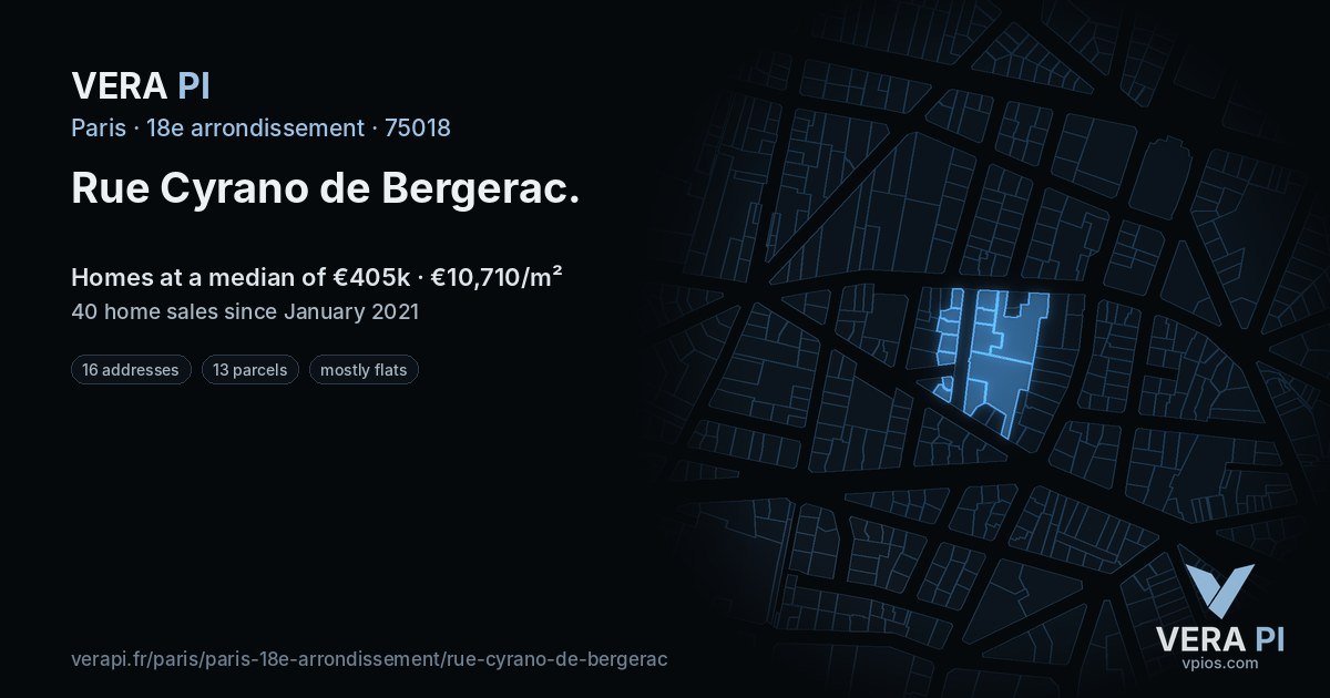 Rue Cyrano de Bergerac, 18e arrondissement at night – every parcel coloured by the prices around it, the street's own parcels lit