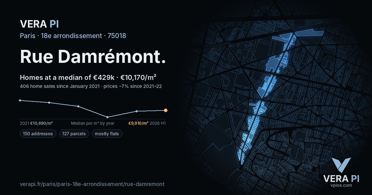 Rue Damrémont, 18e arrondissement at night – every parcel coloured by the prices around it, the street's own parcels lit