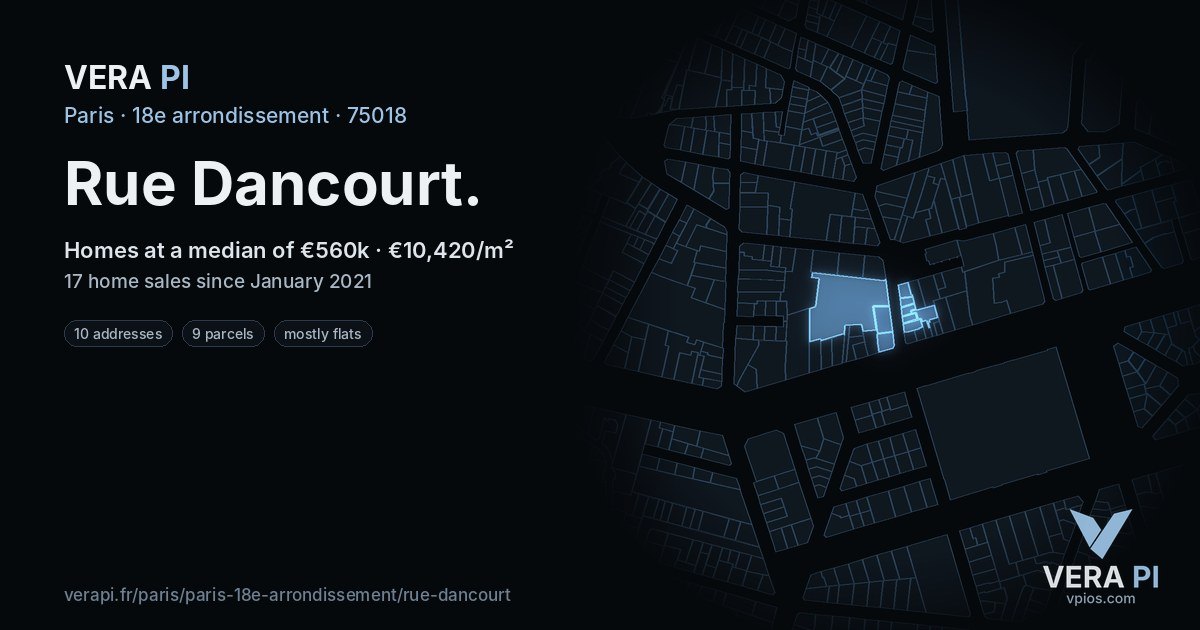 Rue Dancourt, 18e arrondissement at night – every parcel coloured by the prices around it, the street's own parcels lit