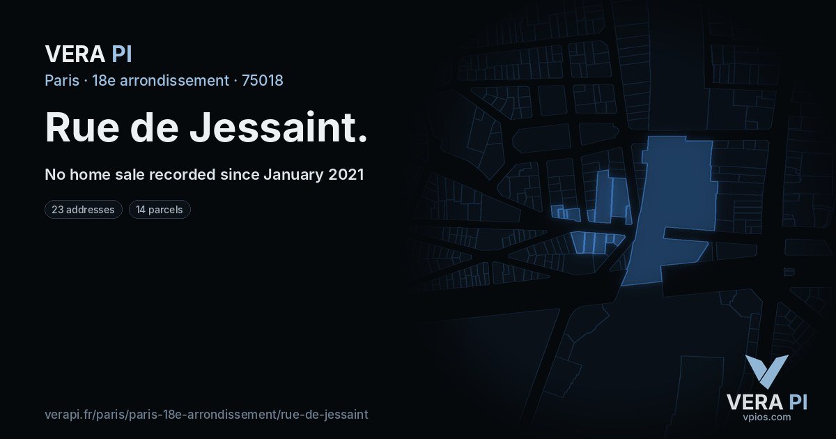 Rue de Jessaint, 18e arrondissement at night – every parcel coloured by the prices around it, the street's own parcels lit