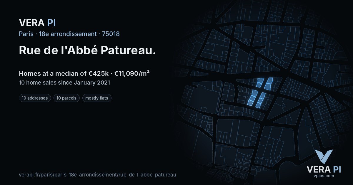 Rue de l'Abbé Patureau, 18e arrondissement at night – every parcel coloured by the prices around it, the street's own parcels lit