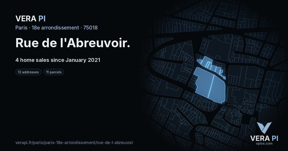 Rue de l'Abreuvoir, 18e arrondissement at night – every parcel coloured by the prices around it, the street's own parcels lit