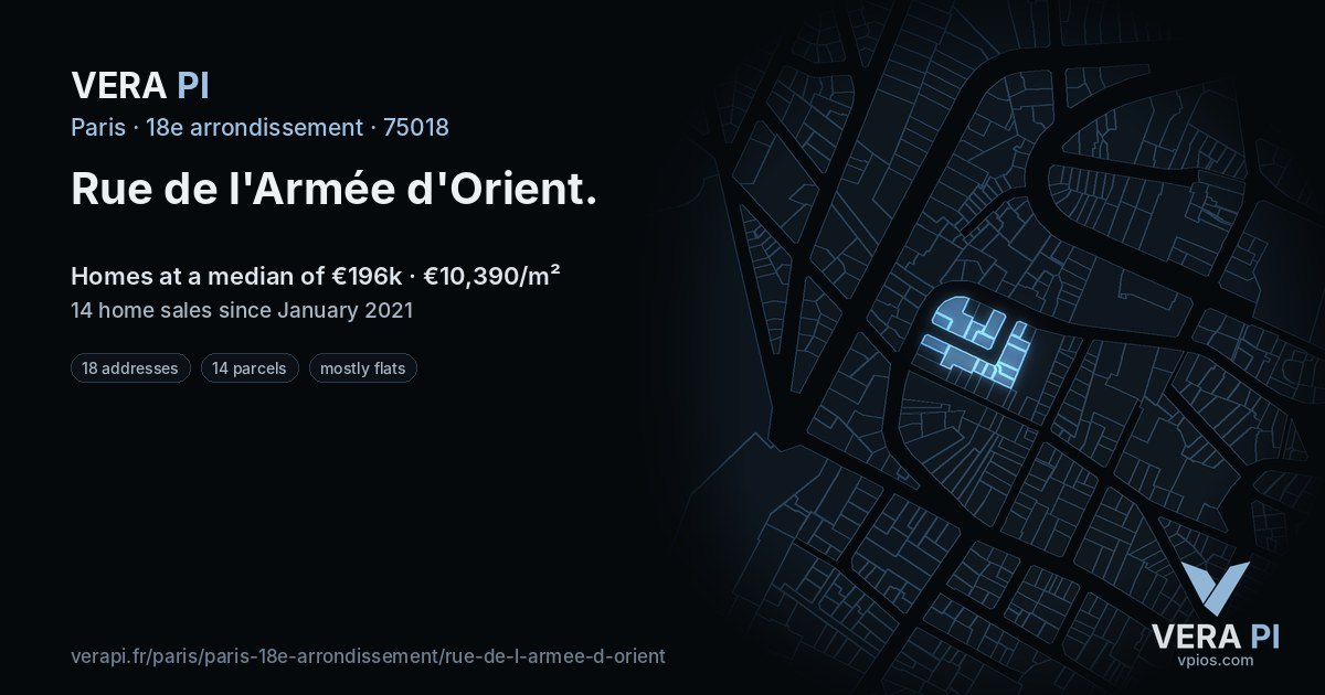 Rue de l'Armée d'Orient, 18e arrondissement at night – every parcel coloured by the prices around it, the street's own parcels lit