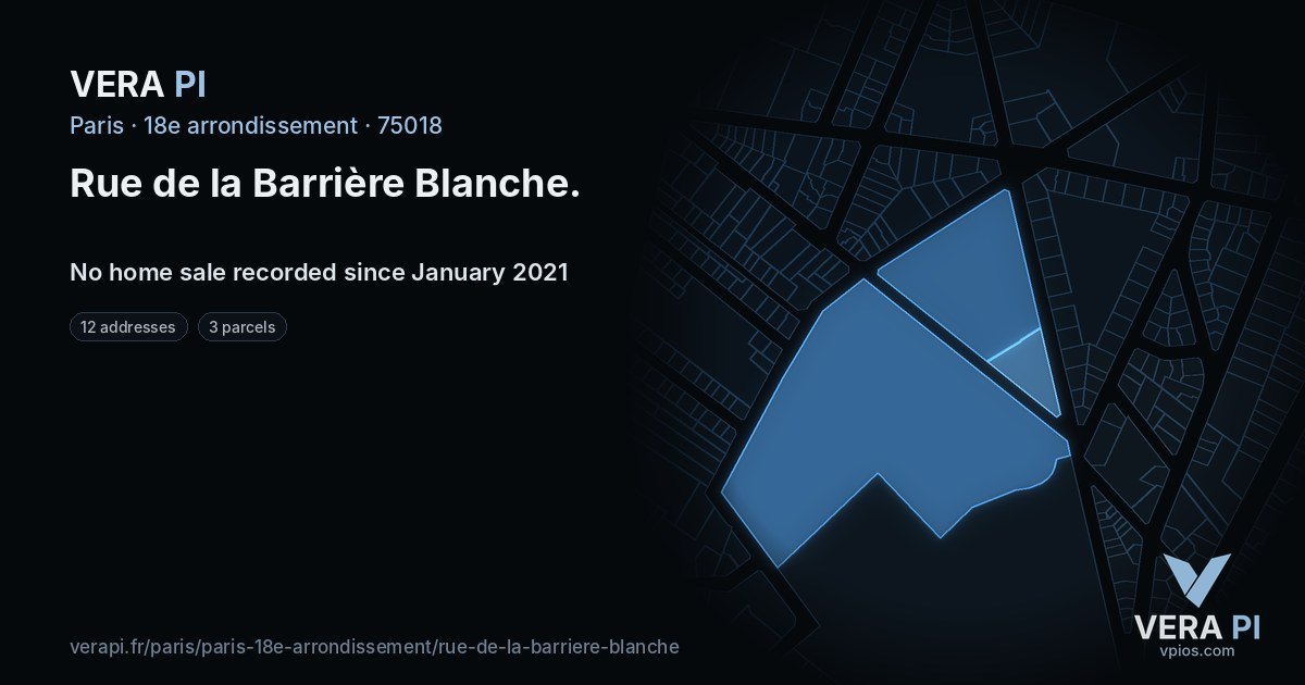 Rue de la Barrière Blanche, 18e arrondissement at night – every parcel coloured by the prices around it, the street's own parcels lit