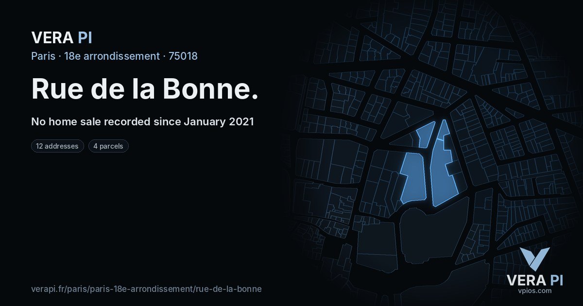 Rue de la Bonne, 18e arrondissement at night – every parcel coloured by the prices around it, the street's own parcels lit
