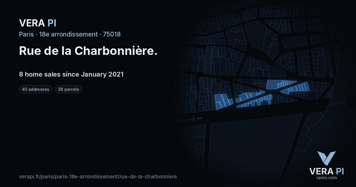 Rue de la Charbonnière, 18e arrondissement at night – every parcel coloured by the prices around it, the street's own parcels lit