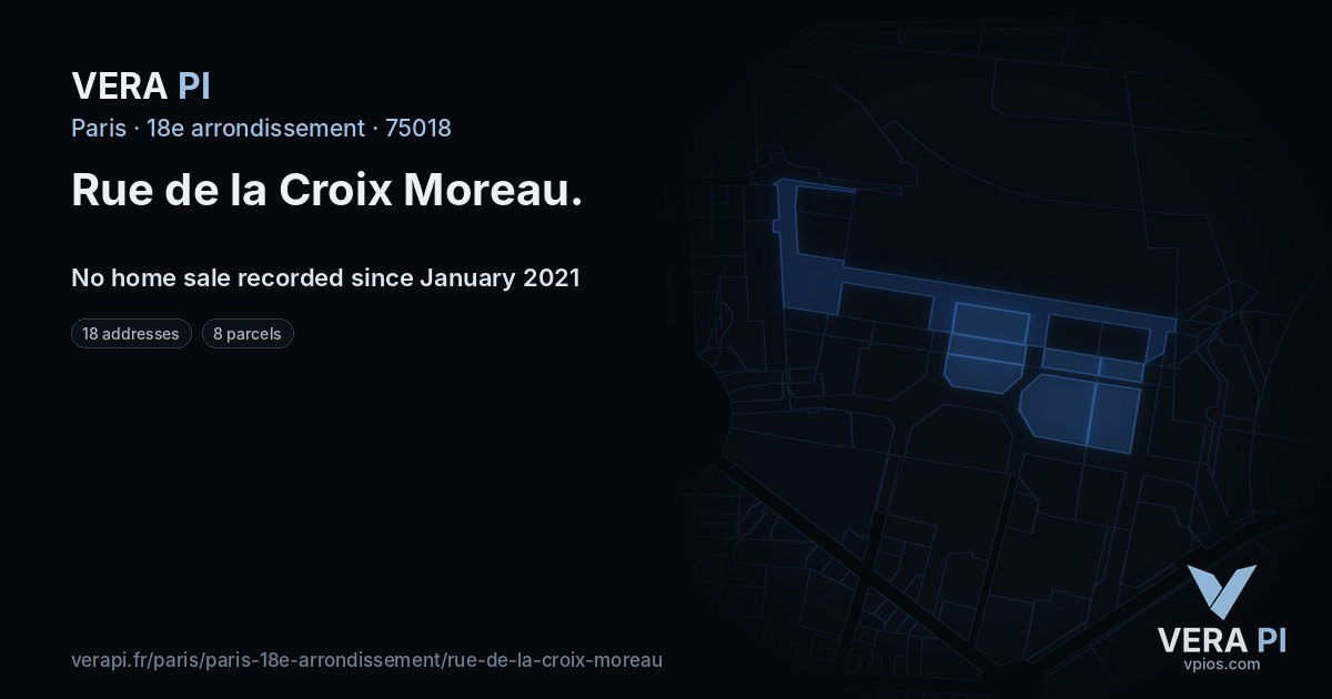 Rue de la Croix Moreau, 18e arrondissement at night – every parcel coloured by the prices around it, the street's own parcels lit