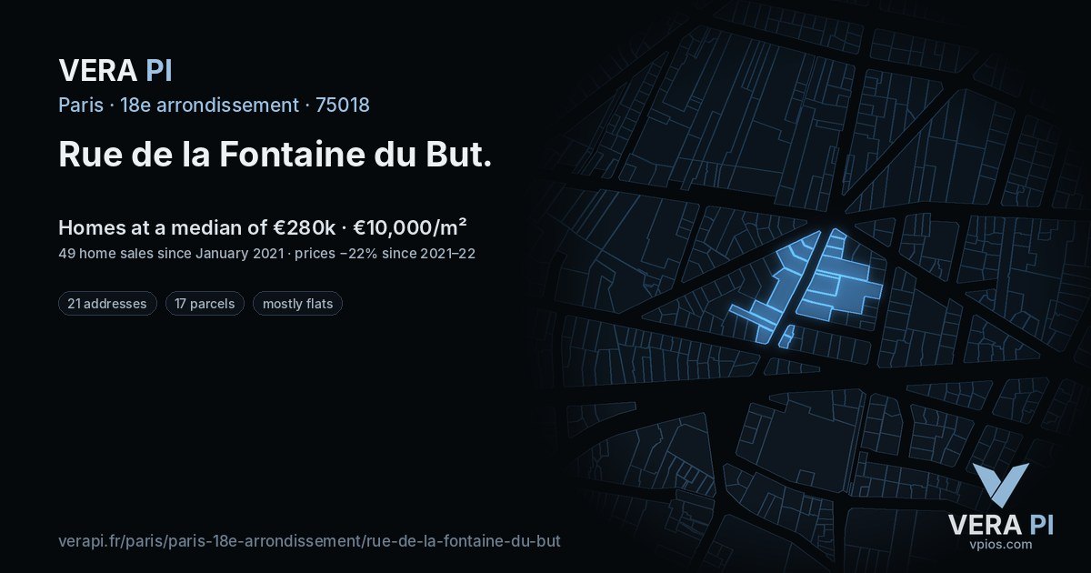 Rue de la Fontaine du But, 18e arrondissement at night – every parcel coloured by the prices around it, the street's own parcels lit