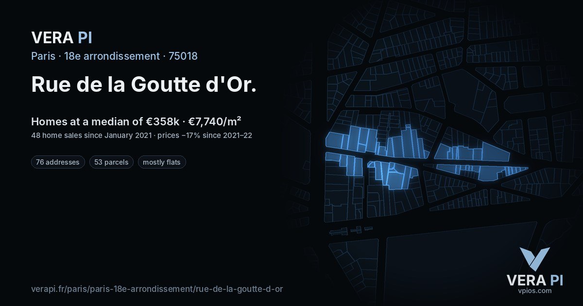 Rue de la Goutte d'Or, 18e arrondissement at night – every parcel coloured by the prices around it, the street's own parcels lit