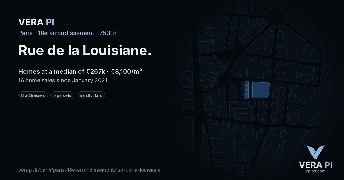 Rue de la Louisiane, 18e arrondissement at night – every parcel coloured by the prices around it, the street's own parcels lit