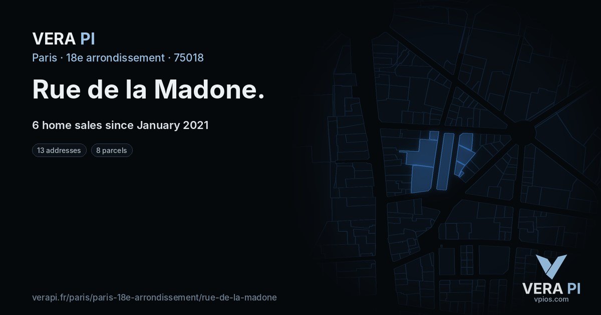 Rue de la Madone, 18e arrondissement at night – every parcel coloured by the prices around it, the street's own parcels lit