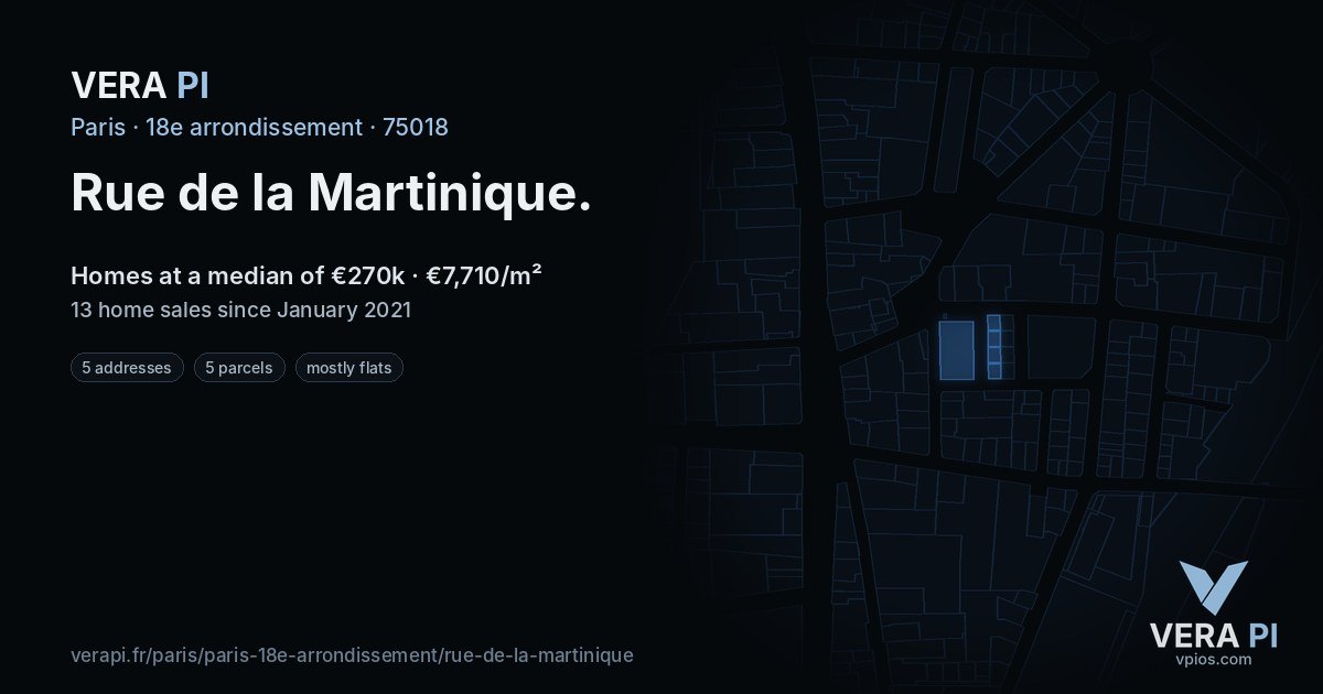 Rue de la Martinique, 18e arrondissement at night – every parcel coloured by the prices around it, the street's own parcels lit