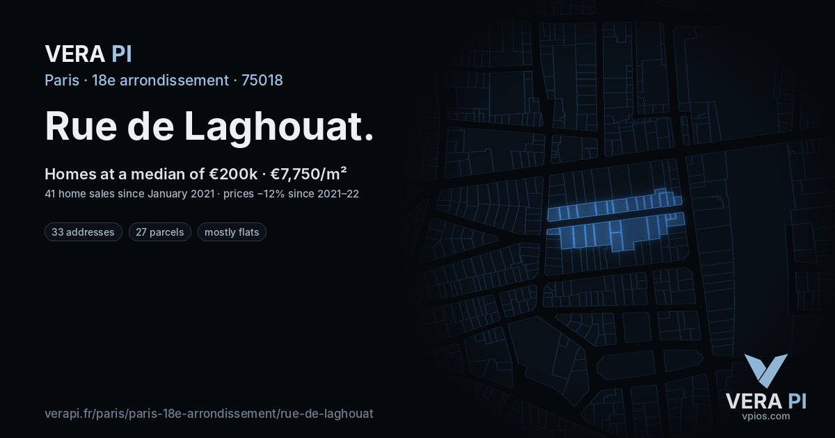 Rue de Laghouat, 18e arrondissement at night – every parcel coloured by the prices around it, the street's own parcels lit