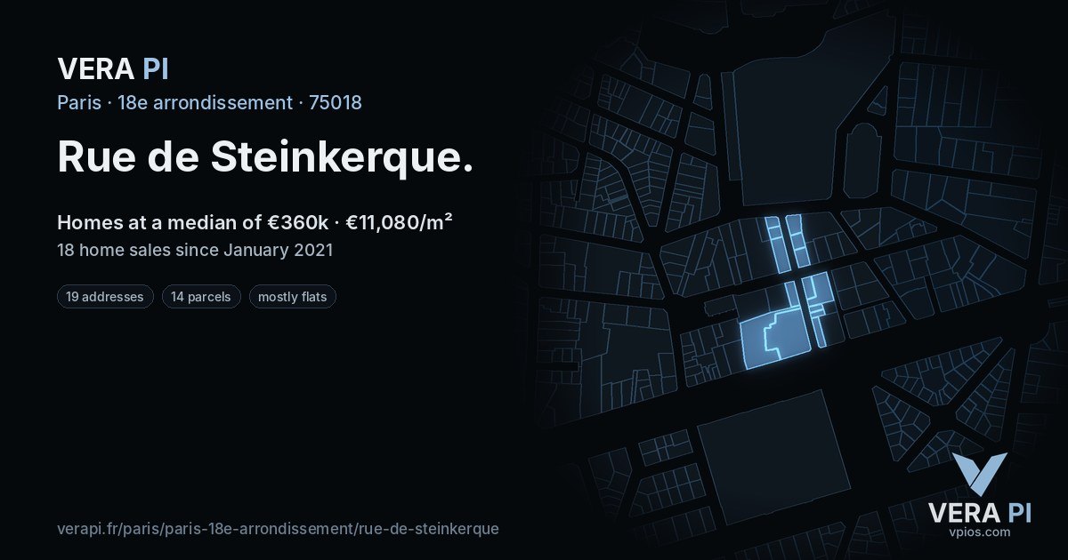 Rue de Steinkerque, 18e arrondissement at night – every parcel coloured by the prices around it, the street's own parcels lit