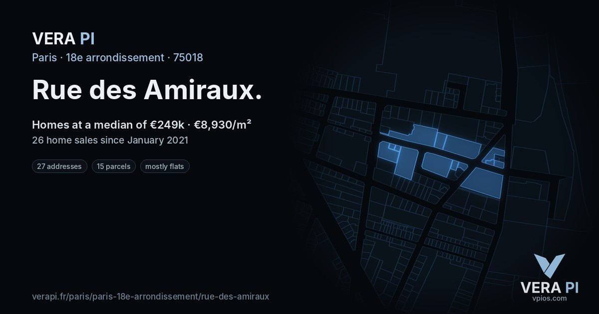 Rue des Amiraux, 18e arrondissement at night – every parcel coloured by the prices around it, the street's own parcels lit