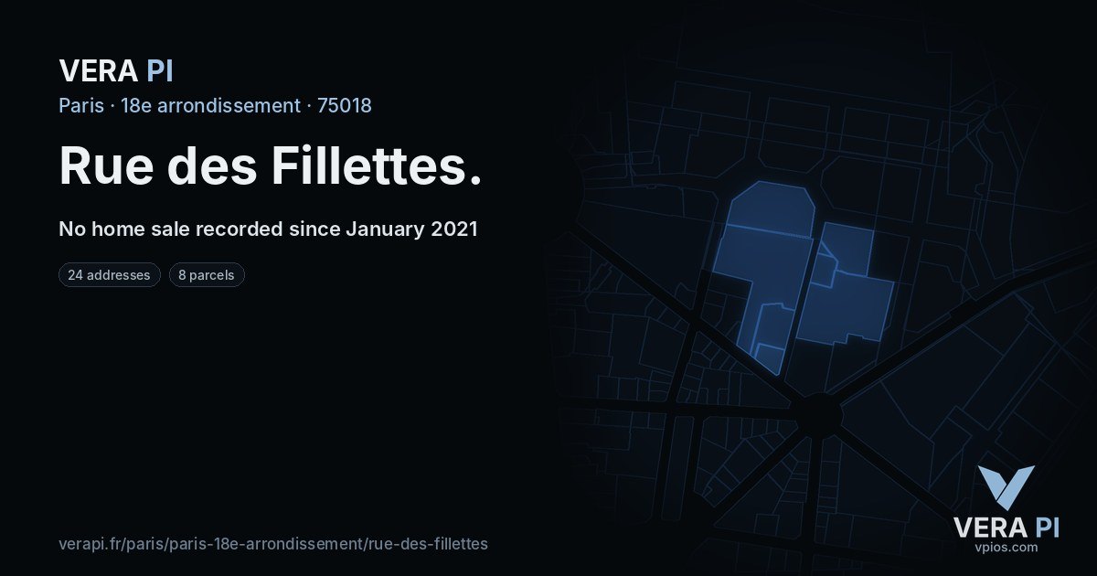Rue des Fillettes, 18e arrondissement at night – every parcel coloured by the prices around it, the street's own parcels lit