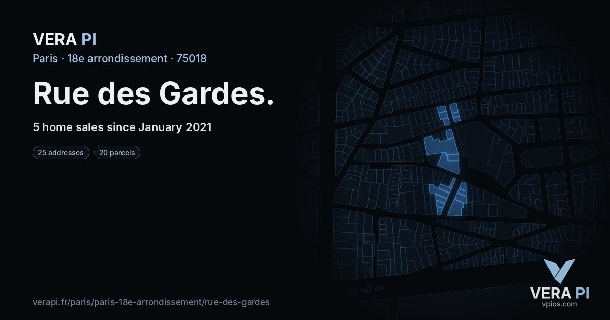 Rue des Gardes, 18e arrondissement at night – every parcel coloured by the prices around it, the street's own parcels lit