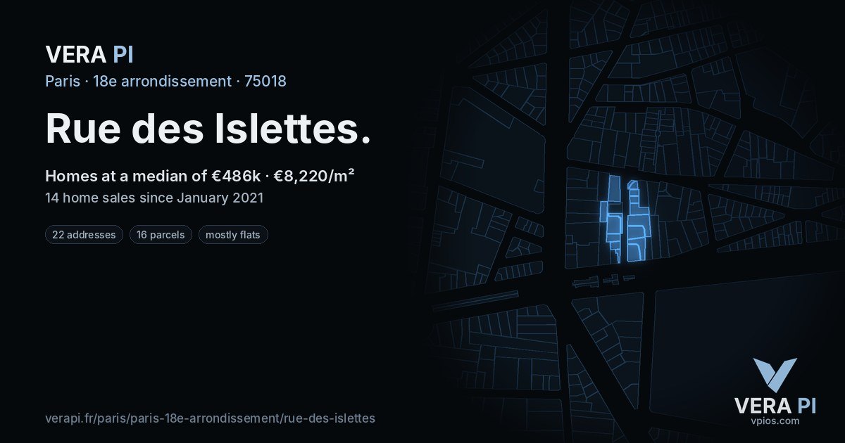 Rue des Islettes, 18e arrondissement at night – every parcel coloured by the prices around it, the street's own parcels lit