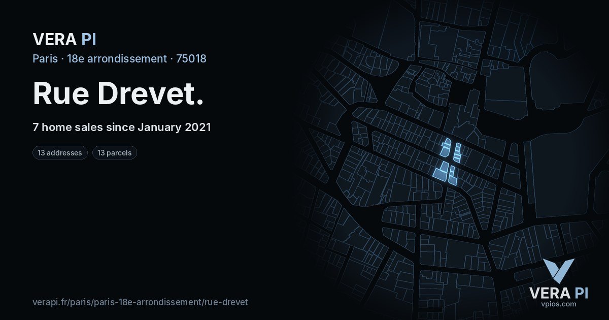 Rue Drevet, 18e arrondissement at night – every parcel coloured by the prices around it, the street's own parcels lit