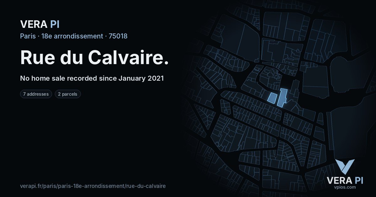 Rue du Calvaire, 18e arrondissement at night – every parcel coloured by the prices around it, the street's own parcels lit