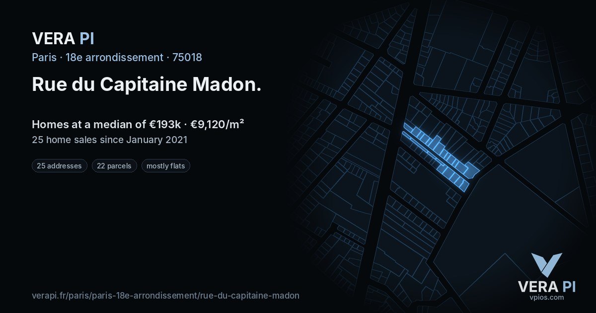 Rue du Capitaine Madon, 18e arrondissement at night – every parcel coloured by the prices around it, the street's own parcels lit