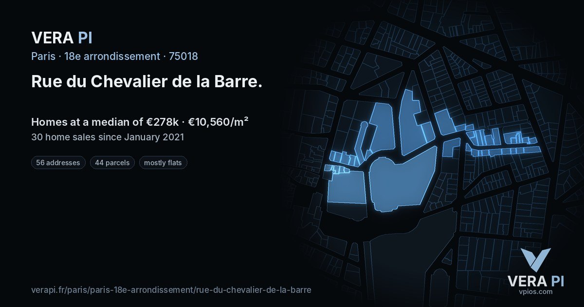 Rue du Chevalier de la Barre, 18e arrondissement at night – every parcel coloured by the prices around it, the street's own parcels lit