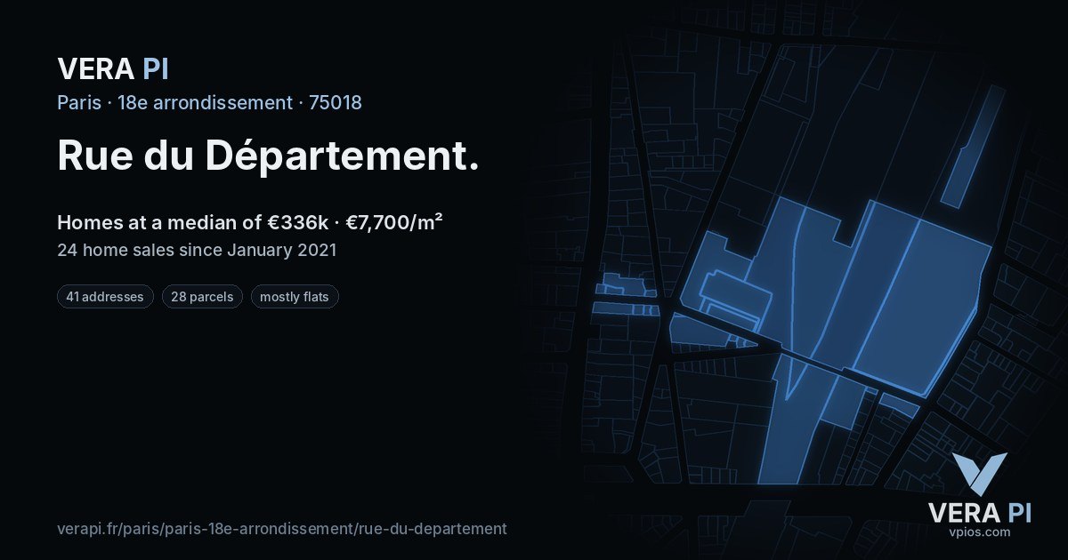 Rue du Département, 18e arrondissement at night – every parcel coloured by the prices around it, the street's own parcels lit