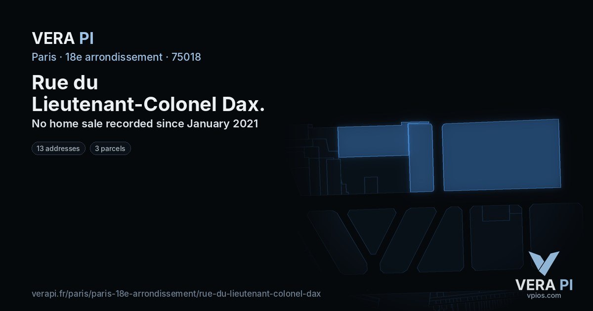 Rue du Lieutenant-Colonel Dax, 18e arrondissement at night – every parcel coloured by the prices around it, the street's own parcels lit