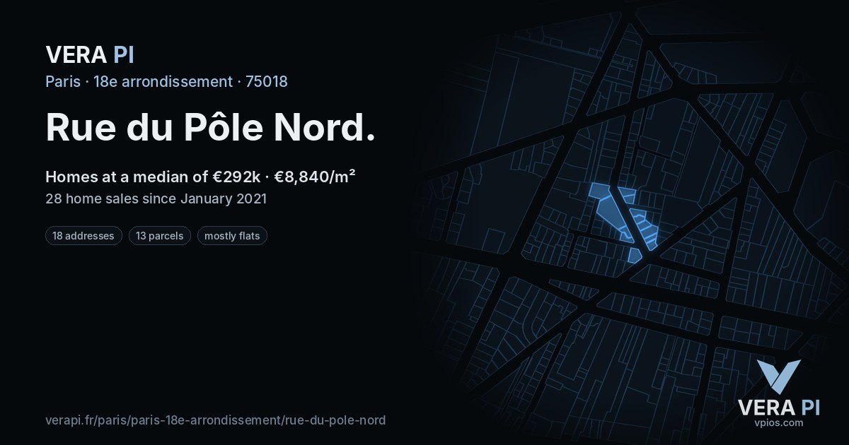 Rue du Pôle Nord, 18e arrondissement at night – every parcel coloured by the prices around it, the street's own parcels lit