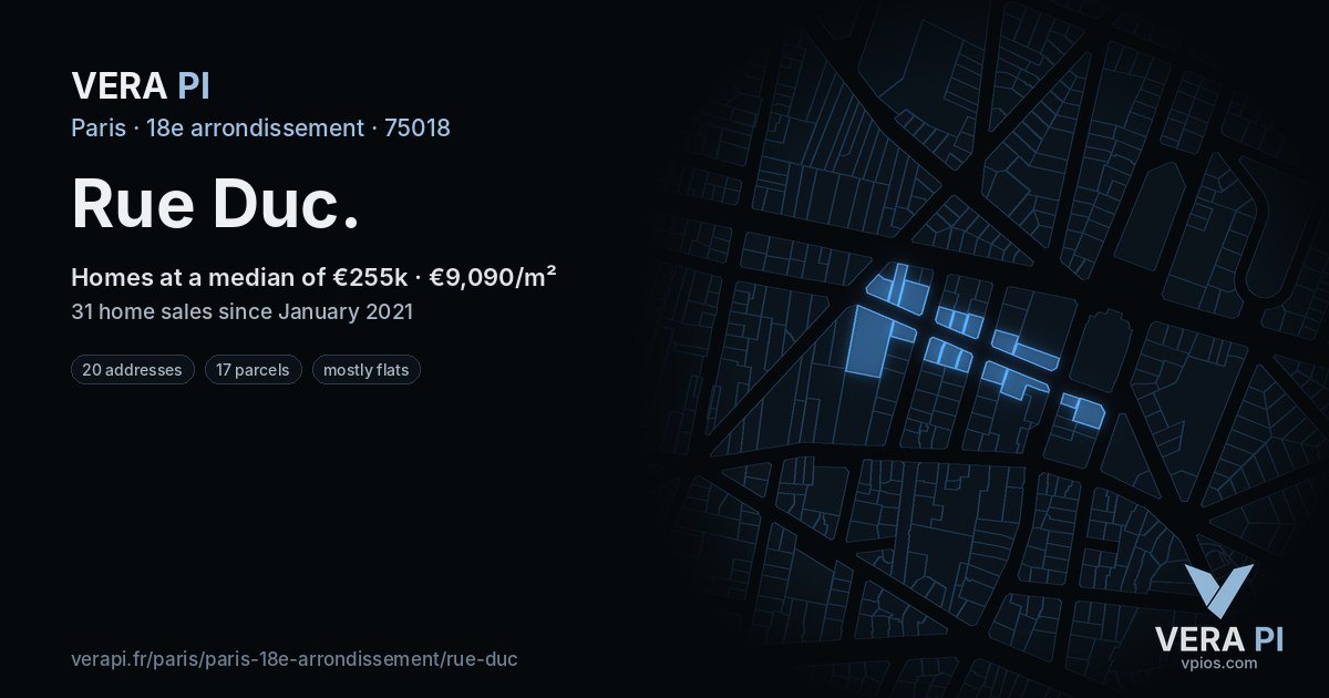 Rue Duc, 18e arrondissement at night – every parcel coloured by the prices around it, the street's own parcels lit