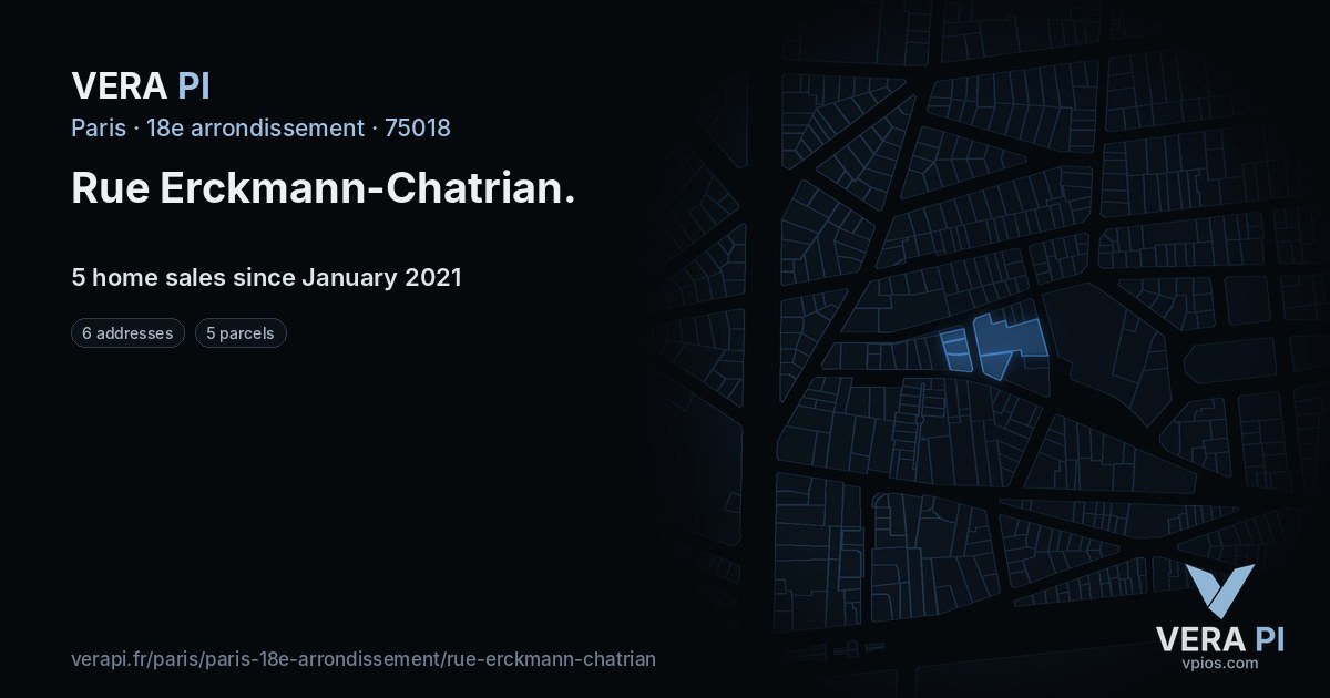 Rue Erckmann-Chatrian, 18e arrondissement at night – every parcel coloured by the prices around it, the street's own parcels lit