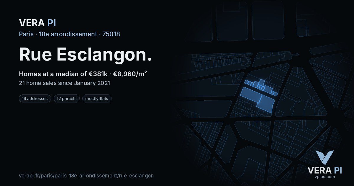 Rue Esclangon, 18e arrondissement at night – every parcel coloured by the prices around it, the street's own parcels lit